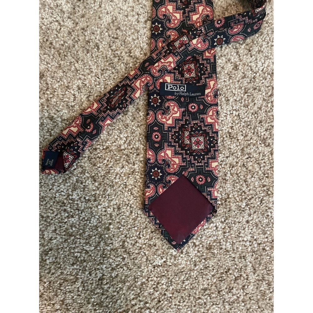 Polo Ralph Lauren Men's Tie OS Red Black Geometric Medallion Silk‎ Hand Made
